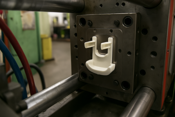 Injection molding die and mold producing a custom white plastic clip part, showing OEM plastic tooling and production on the factory floor.