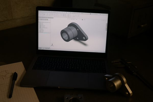 3D CAD modeling software on laptop screen designing a custom metal flange part.