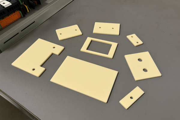 Custom machined plastic electrical insulators and mounting plates for power distribution cabinets.