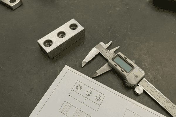 Custom CNC machined aluminum block with threaded holes being measured by digital calipers against a technical engineering drawing for quality assurance.