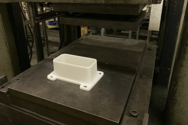 Custom molded white plastic housing component on an industrial press tool, demonstrating OEM plastic part production on the shop floor.