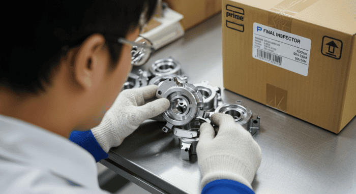 Quality control inspector performing final visual inspection on custom CNC machined metal components before packaging and shipment.