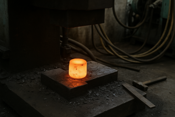 Hot forging setup with a glowing steel billet on an anvil block inside a forging press