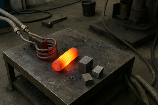 Heating steel billet with an induction coil before forging, with metal blocks on a workshop table