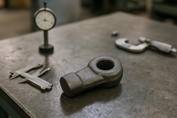 Inspection and testing of a forged steel eyelet part using calipers and a dial indicator gauge