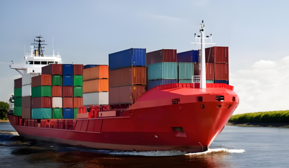 Container cargo ship transporting stacked shipping containers for international logistics and global delivery of OEM custom parts.