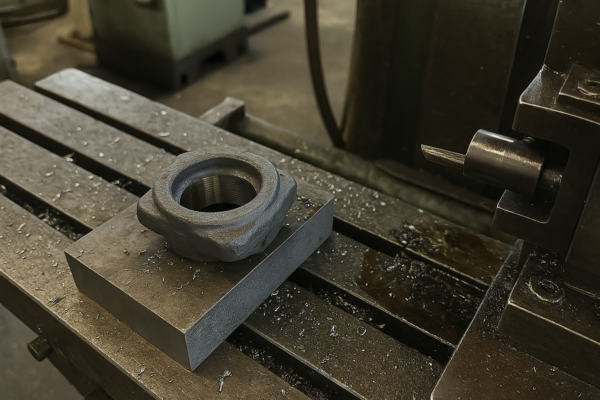 CNC machining a forged steel component with an internal bore on a machine table with cutting tool