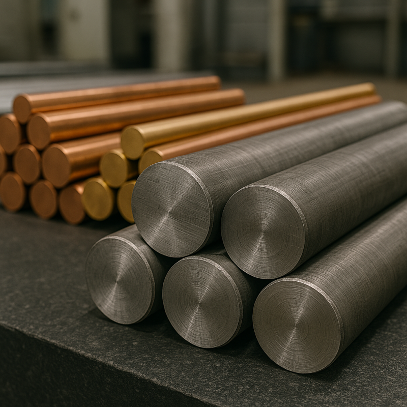 Metal bar stock selection with steel, copper, and brass rods for CNC machining and OEM parts
