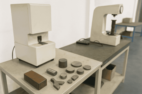 Quality control laboratory for custom metal parts featuring a Rockwell hardness tester and precision material analysis equipment for industrial manufacturing.