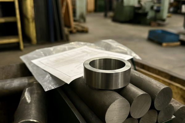 Raw material purchasing for CNC projects: Solid steel bars with production work order ready for machining.