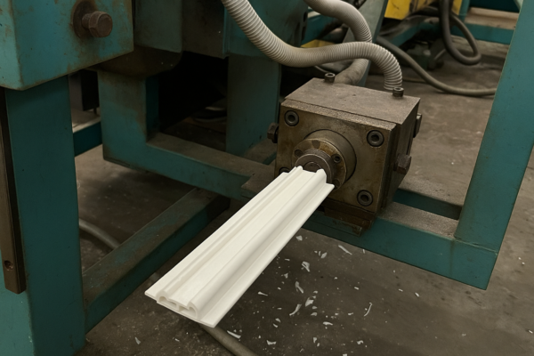 Plastic extrusion process producing a custom white profile as it exits the extrusion die on industrial manufacturing equipment.