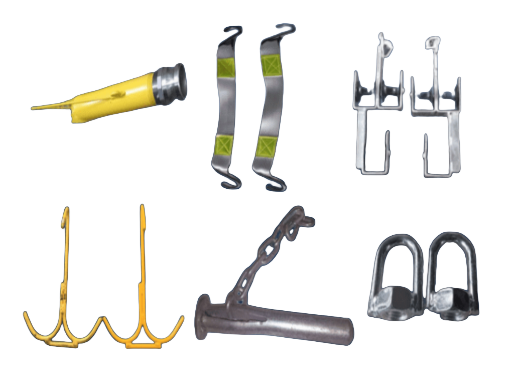 A set of six custom metal stamping and forging parts in different shapes and finishes, including yellow-coated hooks, fastening clips, brackets, and welded assemblies.
