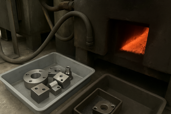 Nitriding heat treatment furnace with precision metal parts staged in trays, showing surface hardening process for wear-resistant OEM components.