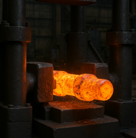 Open-die forging of a red-hot steel billet in a hydraulic press for custom forged shafts