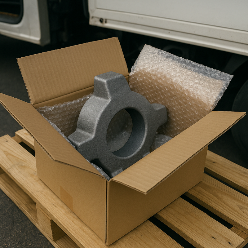 Packaging of a forged metal component in a cardboard box with bubble wrap on a pallet for delivery