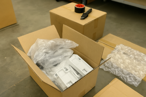 Export packaging for custom plastic parts with protective PE bags and cartons, showing OEM order packing and delivery preparation.