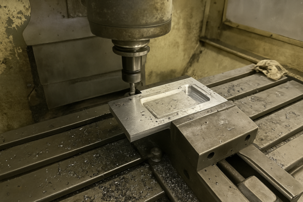 Vertical CNC milling machine cutting a precision pocket into an aluminum plate.