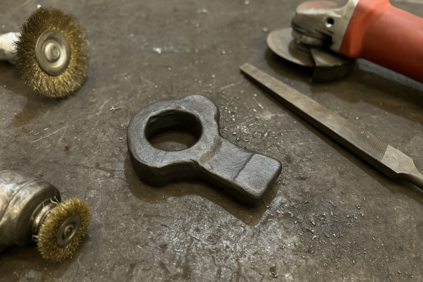 Post-processing a forged steel part on a workbench with wire brush wheels and angle grinder tools