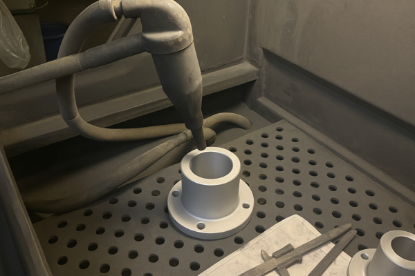 "Sandblasting surface treatment process creating a matte finish on a custom aluminum part.