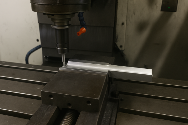 Precision CNC milling of an aluminum bar clamped in a vise with end mill for tight-tolerance machining
