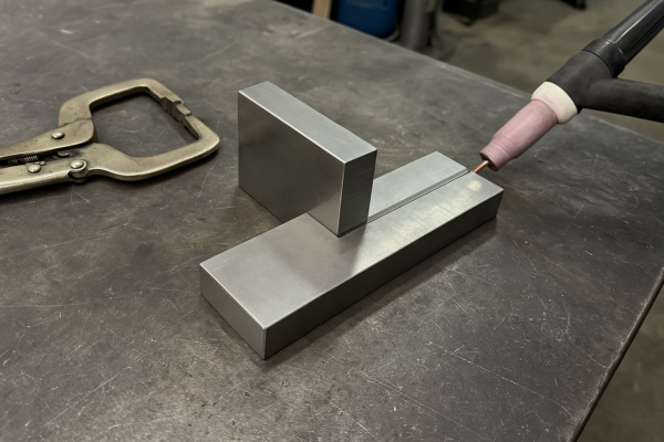 Welding preparation for a steel T-joint with fixture alignment on a workbench before TIG welding and fabrication