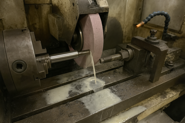 Precision metal processing stage: Final finishing of a steel shaft using CNC machinery.