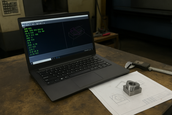 CNC programming workstation displaying G-code and CAM simulation for metal part machining.
