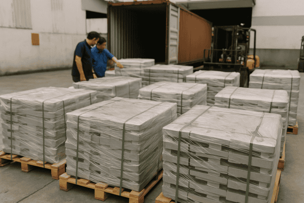 Custom metal parts packaged on pallets for shipping, quality control inspection in factory warehouse.
