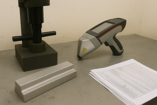 Quality inspection setup with handheld hardness tester, fixture stand, and inspection record sheets for machined parts