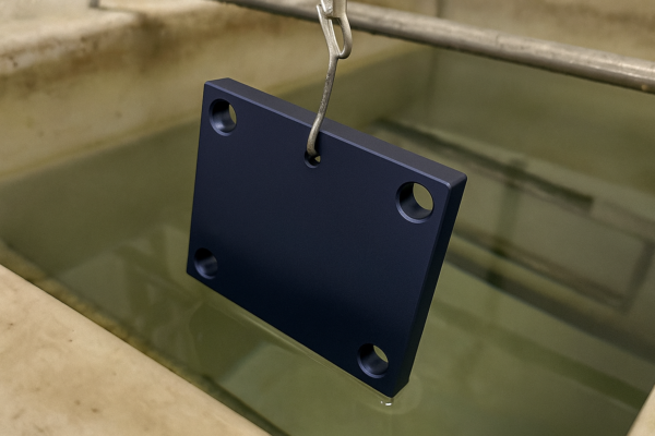 Custom CNC aluminum part undergoing black anodizing surface treatment process.