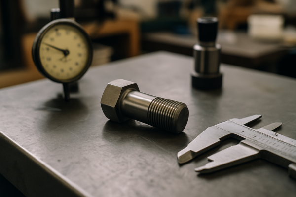 Quality inspection of a machined hex bolt with caliper and dial indicator on a metal workbench