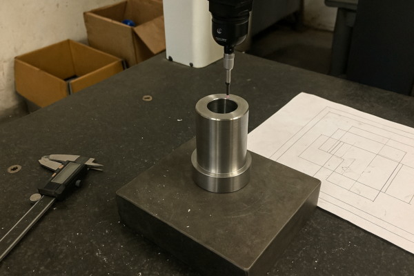 Coordinate Measuring Machine (CMM) probe inspecting the dimensions of a machined metal cylinder.