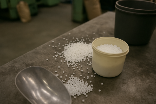 Plastic resin pellets and raw material scoop on a factory workbench, preparing polymer feedstock for injection molding production.