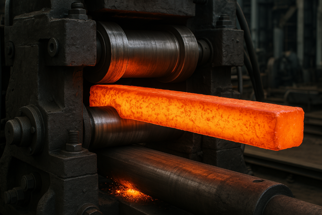 Rolling forging of a red-hot steel bar through industrial rollers for custom forged components