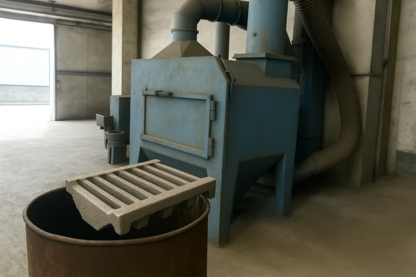 Sand cleaning and shot blasting cabinet for castings with a grate part ready for surface preparation
