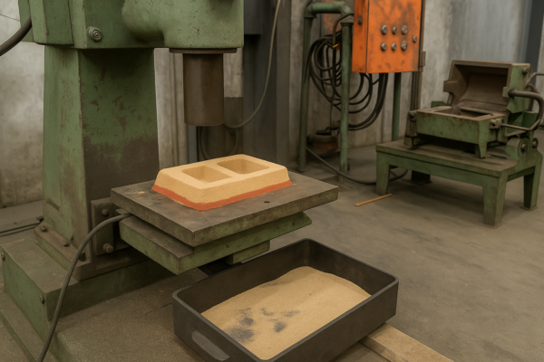 Shell mold making setup with sand tray and pattern on a molding machine for metal casting production