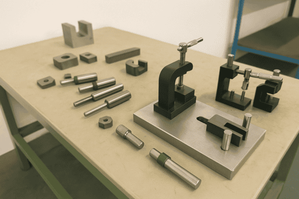 Custom precision metal parts and specialized inspection fixtures for quality control in CNC machining.