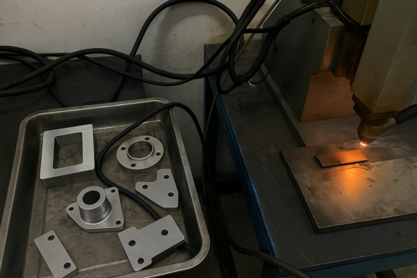 Laser surface hardening process on a metal workpiece with machined parts staged in a tray, showing secondary processing for wear-resistant OEM components.
