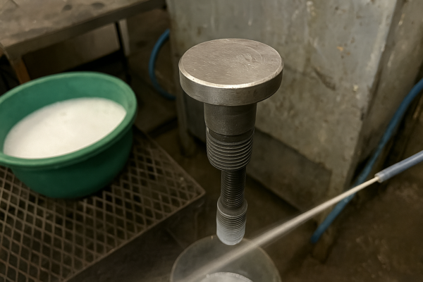 Surface treatment cleaning of a machined threaded steel part using water spray in a workshop