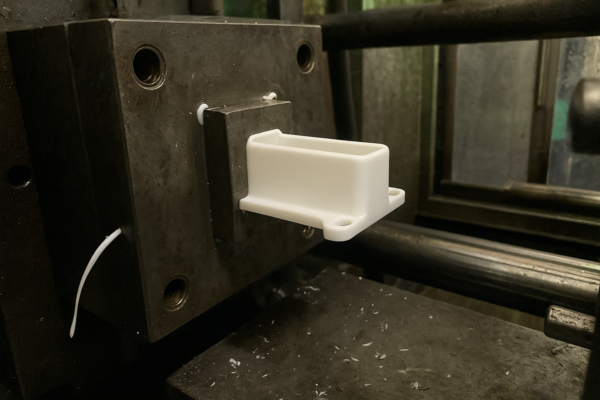 Custom molded plastic tray component on an industrial molding tool, showing a newly formed white part during production.