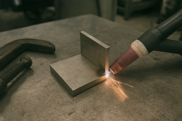 Welding operation on a steel L-joint using a welding torch with sparks for custom metal fabrication and OEM weldments