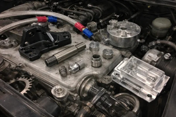CNC machined automotive bracket and precision metal components on a workshop table
