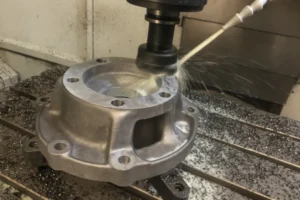 CNC face milling the sealing surface of a forged gearbox flange with coolant for flatness and finish control.