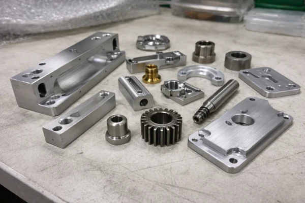 Deburred custom CNC machined metal parts on a workshop bench with uniform finish, ready for coating or final inspection
