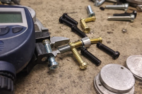 Coated machine screws on a workshop surface during inspection, with a digital caliper checking thickness and a thread gauge verifying threads.