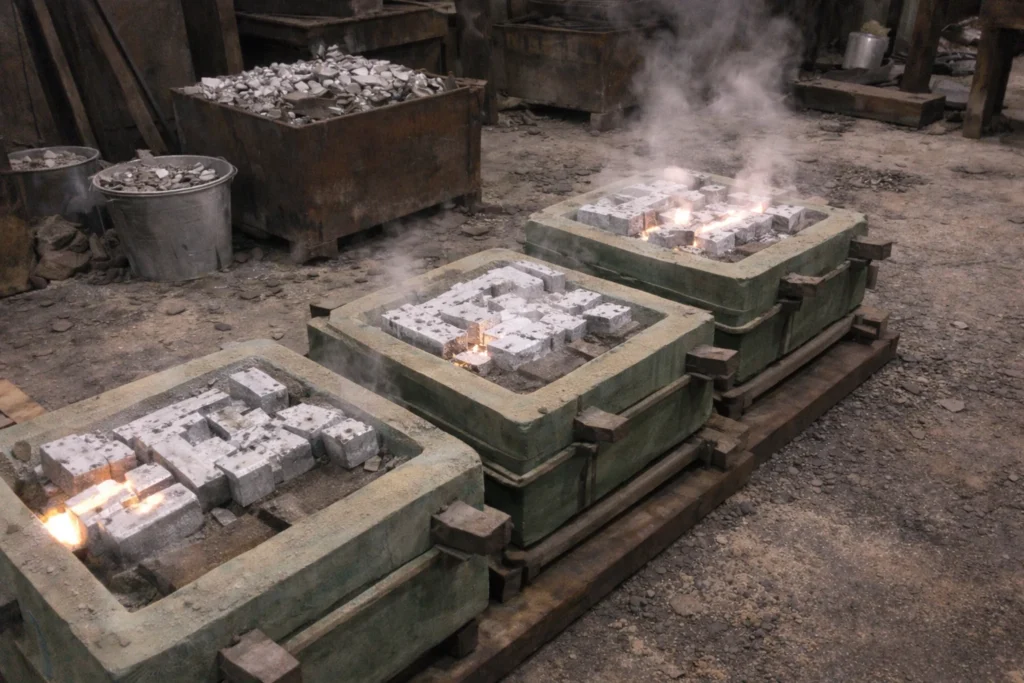 Cooling and solidification stage of custom metal casting, sand molds steaming on pallets as castings cool in a foundry workshop