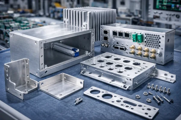 Custom CNC-machined electronics enclosure with aluminum heat sink, mounting brackets, precision panel, and hardware ready for assembly