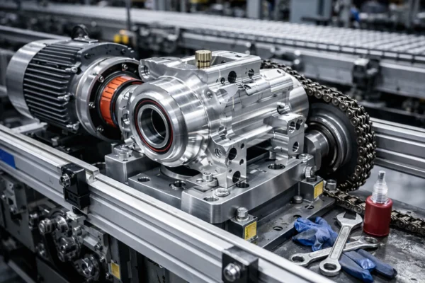 Custom CNC-machined gearbox housing with jaw coupling, roller chain drive, and maintenance tools on an industrial conveyor system