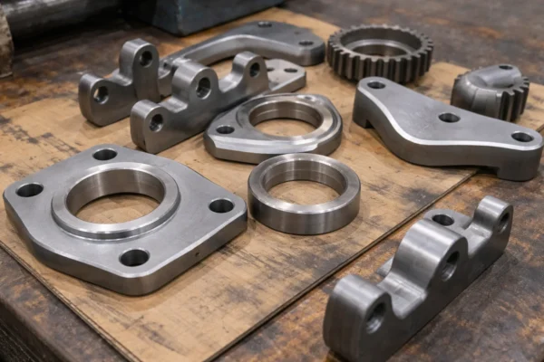 Custom forged steel parts after surface finishing on a workshop bench, clean edges and uniform coating-ready surface