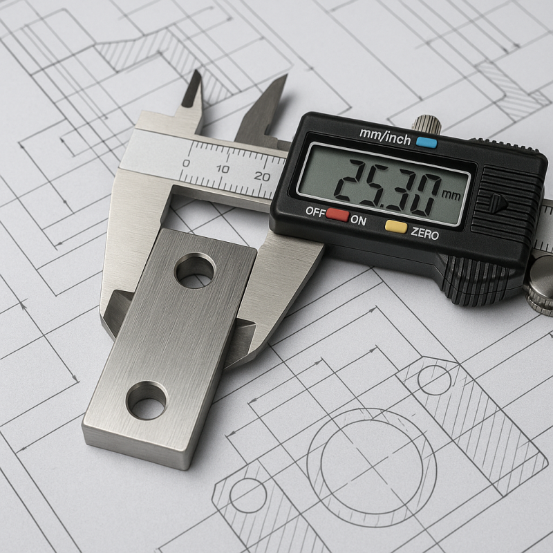 Digital caliper measuring a custom machined stainless steel hardware part on top of an engineering blueprint.
